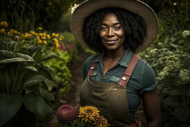 A woman wearing a hat and overalls holds a bunch of sunflowers in a garden.