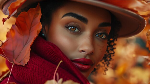 Woman Wearing Hat and Red Scarf Thanks Giving