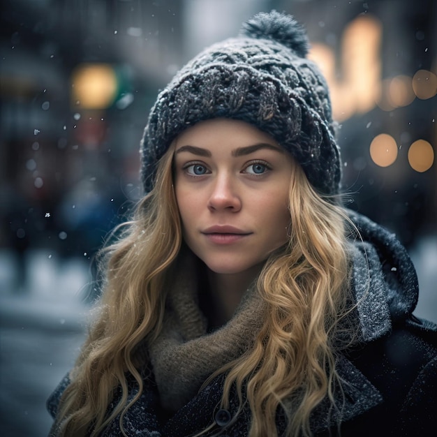 帽子とスカーフをかぶった女性が雪の中に立っています。