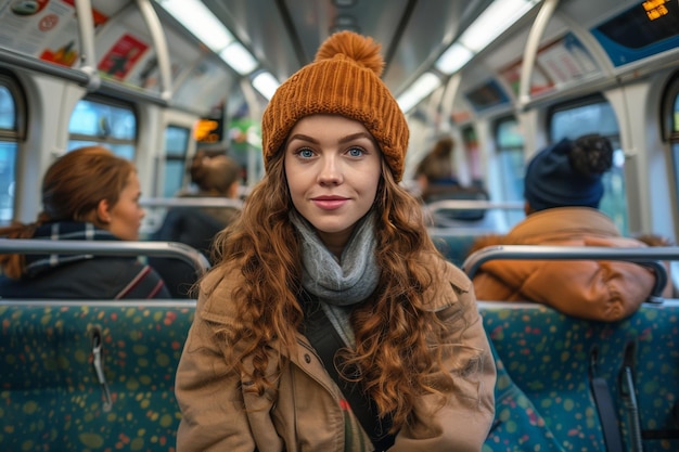 Woman Wearing Hat and Scarf on Train