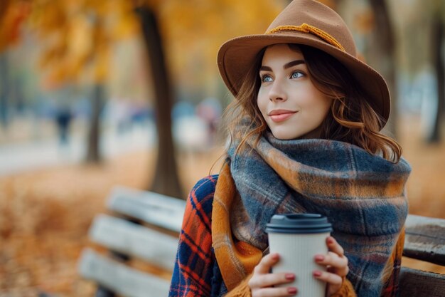 A woman wearing a hat and scarf with a hot drink sits on a bench while walking in an autumn village