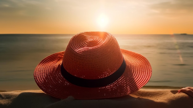 A woman wearing a hat sits on a beach with the sun setting behind her