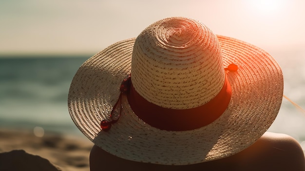 A woman wearing a hat sits on a beach with the sun setting behind her