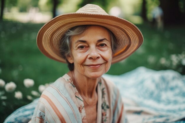 A woman wearing a hat sits on a blanket in a park.