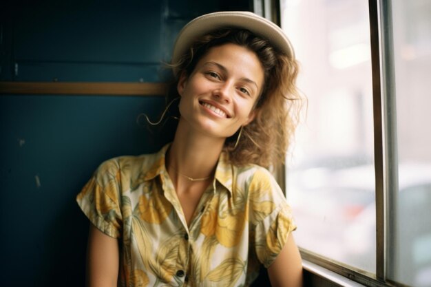 a woman wearing a hat and smiling in front of a window