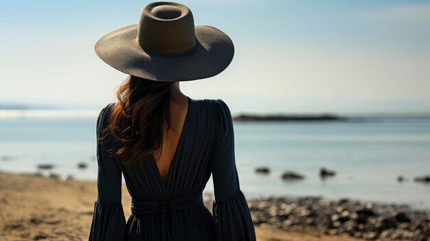 Foto donna con cappello in piedi in spiaggia davanti all'oceanofotoreale immagine di sfondo donne belle hd