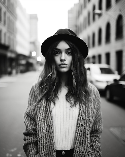 a woman wearing a hat stands on the street in front of a building.