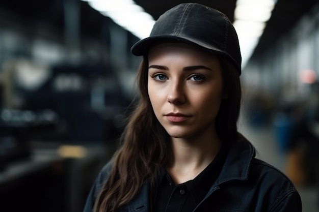 A woman wearing a hat stands in a warehouse wearing a black jacket.