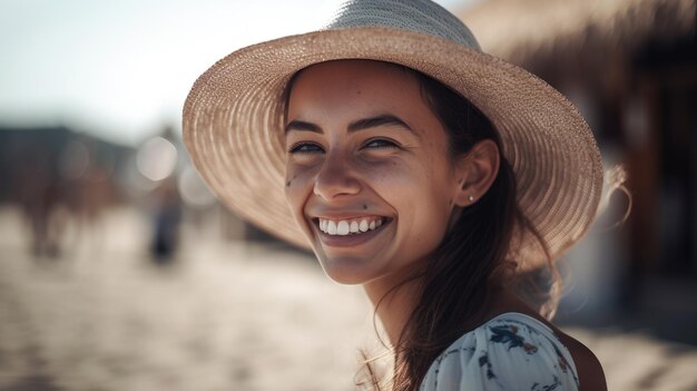 A woman wearing a hat and a straw hat smiles at the camera.