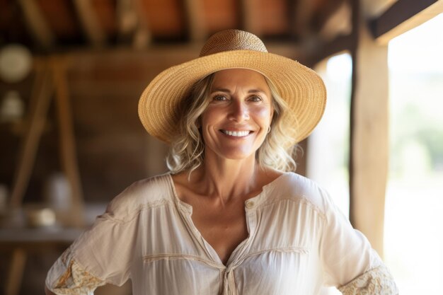 A woman wearing a hat and a straw hat smiles at the camera