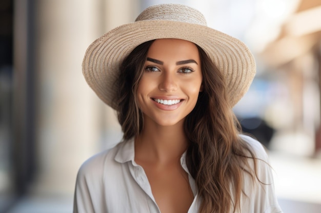 A woman wearing a hat and a straw hat smiles at the camera
