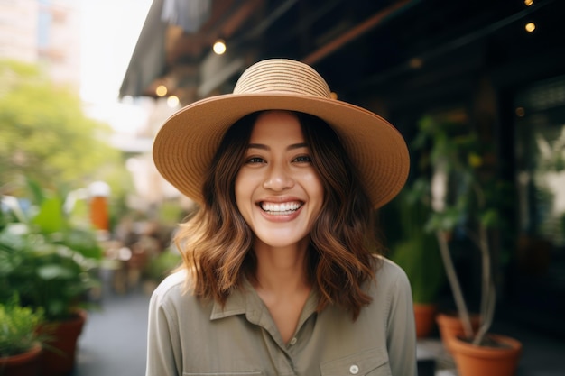 A woman wearing a hat and a straw hat smiles at the camera