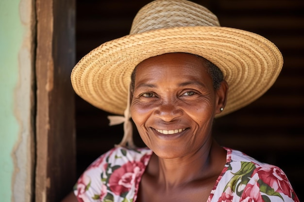 A woman wearing a hat and a straw hat smiles at the camera