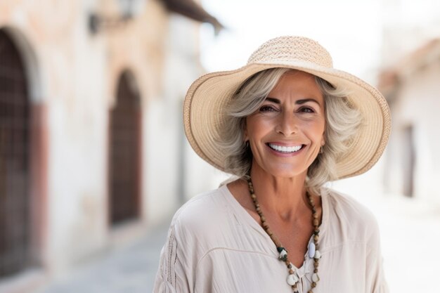 A woman wearing a hat and a straw hat smiles at the camera