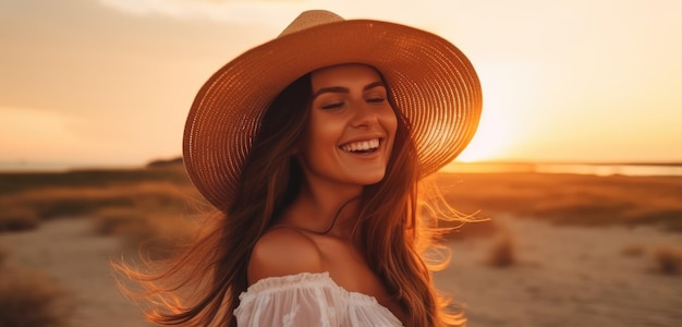 A woman wearing a hat and a straw hat smiles at the sunset.