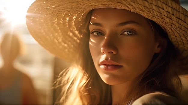 A woman wearing a hat and a straw hat