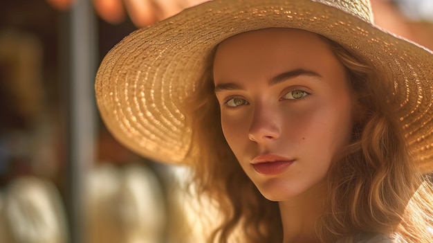 A woman wearing a hat and a straw hat