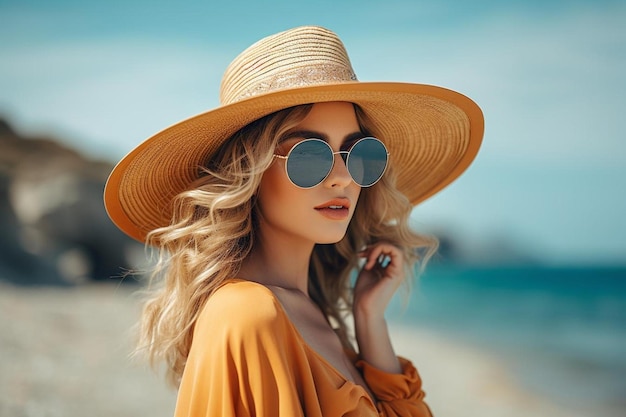 a woman wearing a hat and sunglasses on the beach