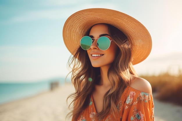 a woman wearing a hat and sunglasses on a beach