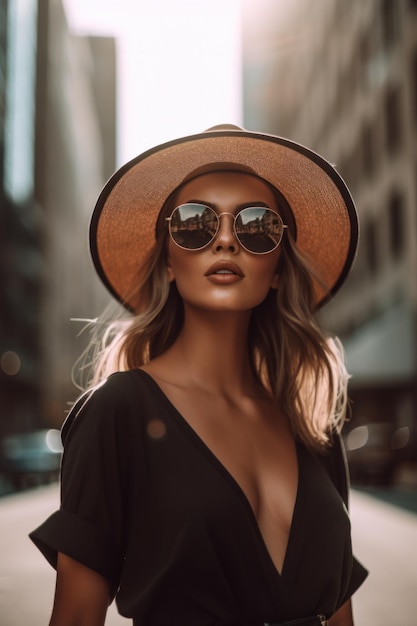 Photo a woman wearing a hat and sunglasses on a city street generative ai image