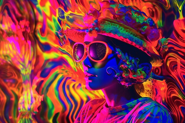 A woman wearing a hat and sunglasses in front of a psychedelic background