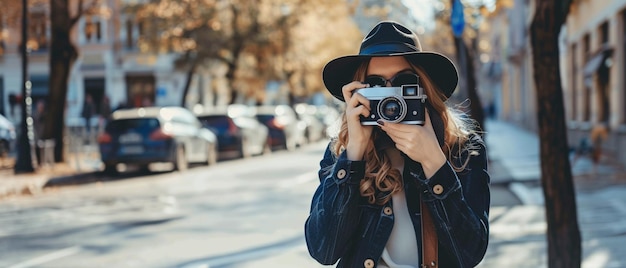 A woman wearing a hat and sunglasses is taking a photo with a vintage camera