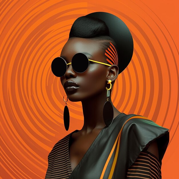 a woman wearing a hat and sunglasses is wearing a black and orange background.