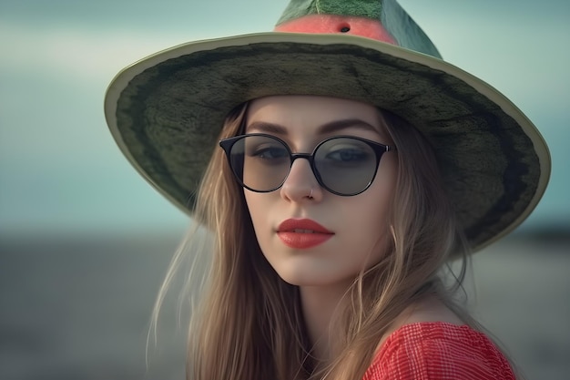 A woman wearing a hat and sunglasses looks at the camera.