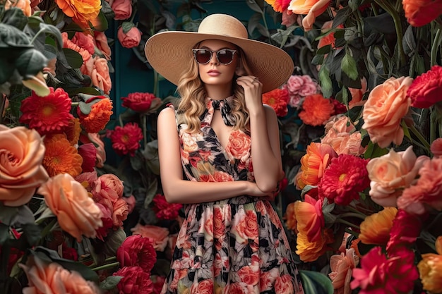 Photo a woman wearing a hat and sunglasses standing in flowers generative ai