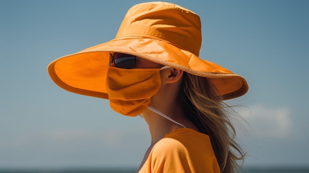 帽子とサングラスをかぶった女性がマスクをしてビーチに立っています。