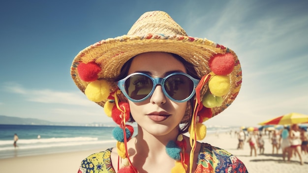 A woman wearing a hat and sunglasses stands on a beach.