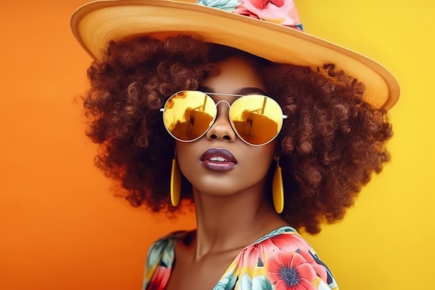 A woman wearing a hat and sunglasses stands in front of a colorful background.