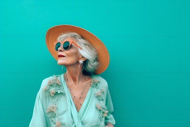 A woman wearing a hat and sunglasses stands in front of a teal background.