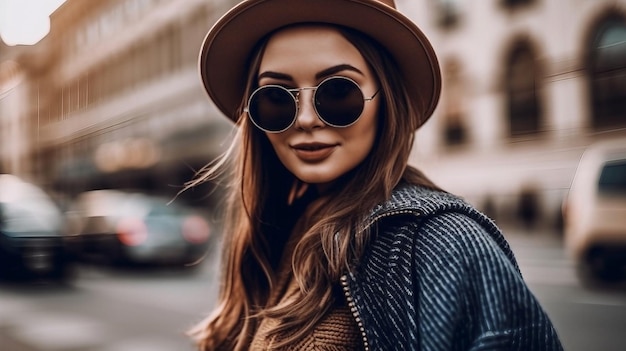 A woman wearing a hat and sunglasses stands on a street.