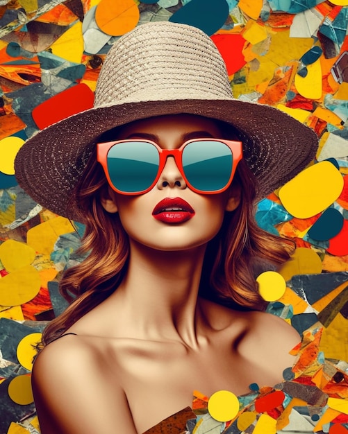 Женщина в шляпе и солнцезащитных очках с красочным фоном.
