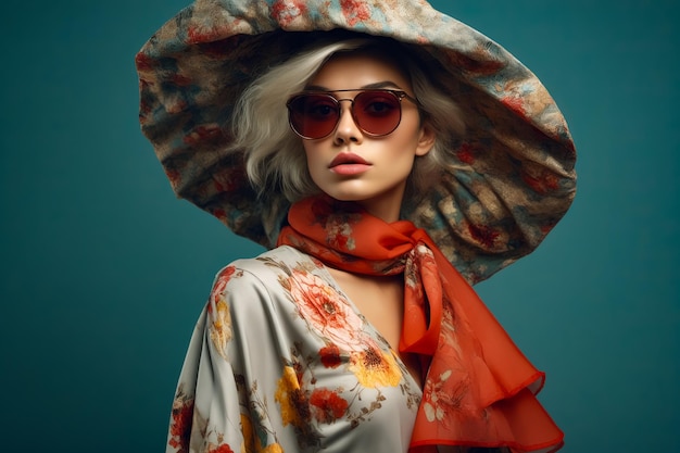 Woman wearing hat and sunglasses with scarf around her neck Generative AI