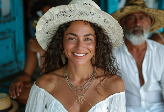 a woman wearing a hat that says quot shes wearing a hat quot