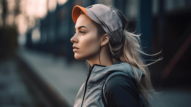 A woman wearing a hat and a vest stands on a street