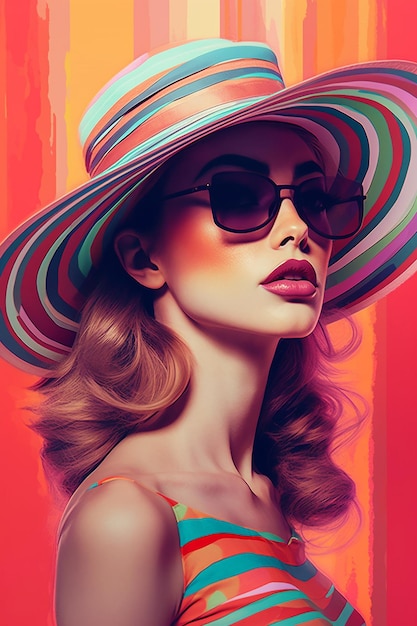 a woman wearing a hat with a colorful hat and sunglasses.