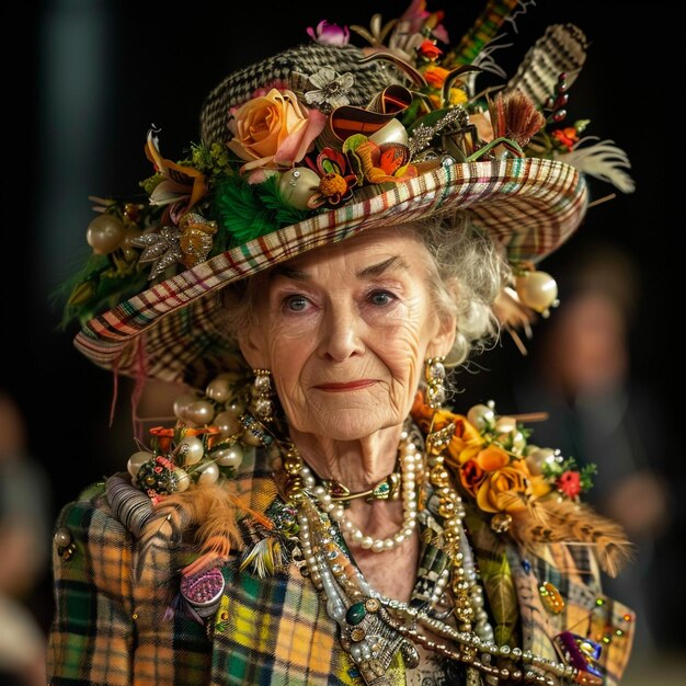 a woman wearing a hat with flowers on it