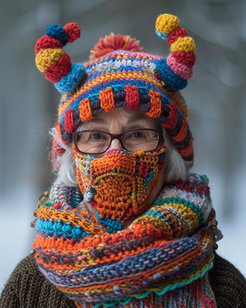 a woman wearing a hat with a funny face and scarf that says pom on it