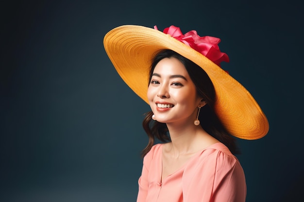 A woman wearing a hat with a red bow.