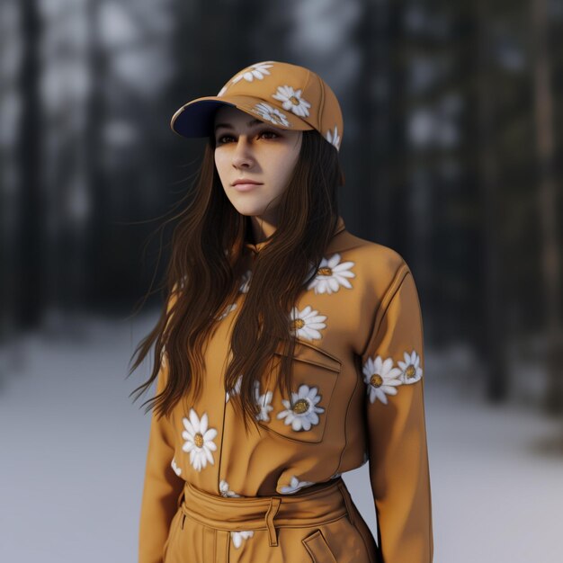 a woman wearing a hat with white flowers on it