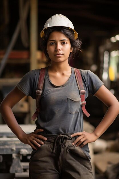 a woman wearing a headband is standing in front of a wooden structure