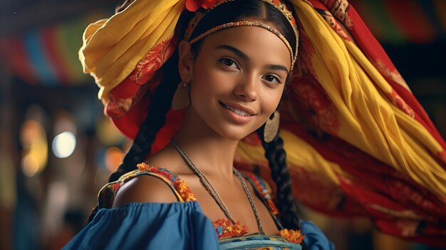 Woman Wearing Headdress Smiling at Camera Hispanic Heritage Month