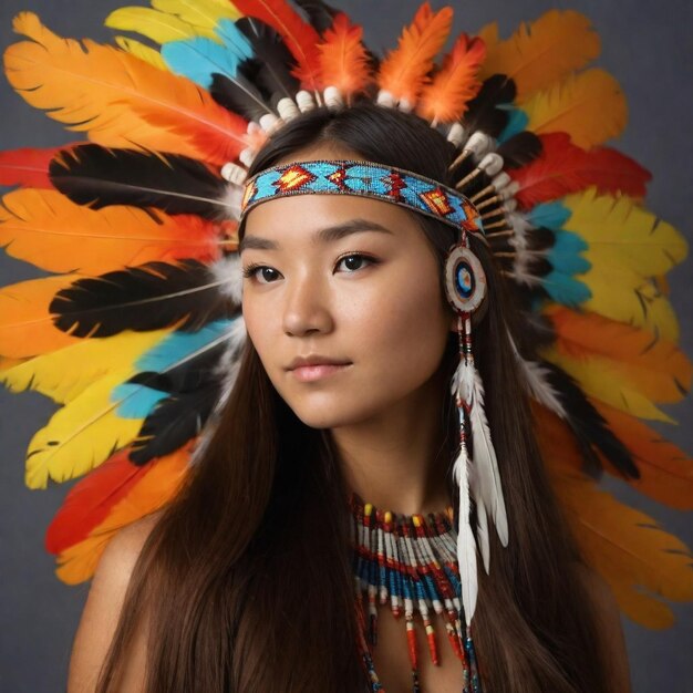 Photo a woman wearing a headdress with feathers on her head