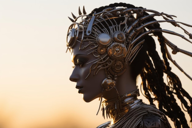 a woman wearing a headdress with metal pieces on it