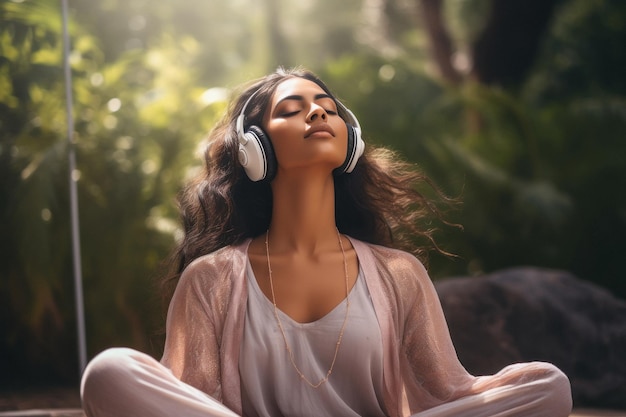 Photo woman wearing headphone closed eyes and listening music