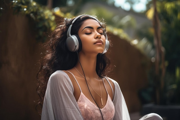 Woman wearing headphone closed eyes and listening music