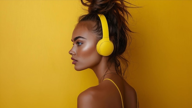 A woman wearing headphones against a yellow wall